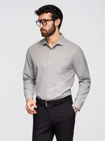 Koszula męska klasyczna regular fit - szara V1. Szare koszule męskie Ombre Clothing, m, bez wzorów, z bawełny, biznesowe, bez kołnierzyka, bez ramiączek. W wyprzedaży za 164.99 zł.