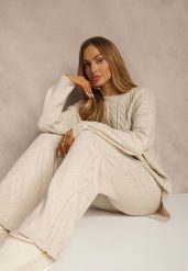 Jasnobeżowy Dzianinowy Komplet z Wełną w Warkoczowy Splot Spodnie i Sweter Reinette. Brązowe swetry nierozpinane damskie Renee, bez wzorów, z dzianiny, bez kołnierzyka, bez ramiączek. Za 139.99 zł.