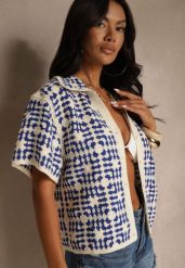 Niebieska Koszula z Bawełny Ozdobiona Geometrycznym Wzorem Melundria. Niebieskie koszule damskie Renee, uniwersalny, bez wzorów, z bawełny, eleganckie, bez kołnierzyka, bez ramiączek. Za 129.99 zł.
