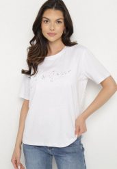 Biały T-shirt z Bawełny o Kroju Oversize z Haftem i Cekinami Uliowena. Białe t-shirty damskie Born2be, m, bez wzorów, z bawełny, bez kołnierzyka, bez ramiączek. Za 34.99 zł.