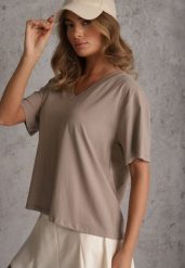 Beżowy T-shirt Bawełniany z Dekoltem w V Adozixie. Brązowe t-shirty damskie Renee, bez wzorów, z bawełny, casualowe, bez kołnierzyka, bez ramiączek. Za 79.99 zł.