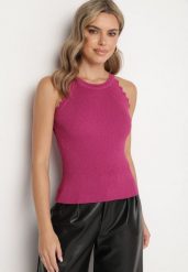 Fuksjowy Prążkowany Top z Wiskozą i Geometrycznymi Wstawkami Vortirya. Czerwone topy damskie Born2be, m, bez wzorów, z jeansu, eleganckie, bez kołnierzyka, bez ramiączek. Za 59.99 zł.
