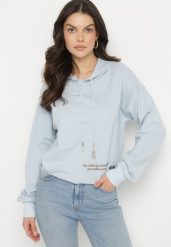 Niebieska Bluza z Bawełną i Kapturem Ozdobiona Sznurkami i Cyrkoniami Amoienna. Niebieskie bluzy damskie Born2be, l, z aplikacjami, z bawełny, casualowe, bez ramiączek, z kapturem. Za 59.99 zł.