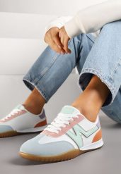 Biało-Niebieskie Sneakersy Tenisówki z Ozdobną Boczną Naszywką Ranilsa. Białe trampki i tenisówki damskie Born2be, z aplikacjami, z jeansu, bez zapięcia. Za 89.99 zł.