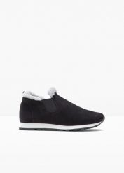 Sneakersy wsuwane z ociepleniem. Czarne obuwie sportowe damskie bonprix, na zimę, bez wzorów, bez zapięcia. Za 114.99 zł.