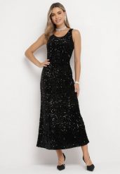 Czarna Sukienka Maxi w Cekiny Jukrana. Czarne sukienki damskie Born2be, l, bez wzorów, bez kołnierzyka, bez ramiączek, maxi, rozkloszowane. Za 169.99 zł.