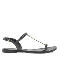 Sandały GINO ROSSI. Czarne sandały damskie Gino Rossi, bez wzorów, bez obcasa, na płaskiej podeszwie, bez zapięcia. Za 249.99 zł.