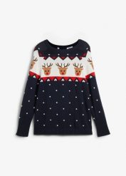 Sweter bożonarodzeniowy z motywem reniferów. Niebieskie swetry nierozpinane damskie bonprix, bez wzorów, bez kołnierzyka, bez ramiączek. Za 129.99 zł.