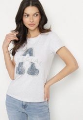 Jasnoszary Bawełniany T-shirt Ozdobiony Napisem i Cyrkoniami Isnorea. Szare t-shirty damskie Born2be, m, bez wzorów, z bawełny, glamour, bez kołnierzyka, bez ramiączek. Za 34.99 zł.