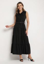 Czarna Koszulowa Sukienka Ozdobiona Paskiem Mavorelle. Czarne sukienki damskie Born2be, na co dzień, l, bez wzorów, eleganckie, bez kołnierzyka, bez ramiączek, maxi, koszulowe. Za 129.99 zł.
