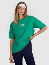 4F T-shirt oversize z nadrukiem damski - zielona XS. Zielone koszulki sportowe damskie 4F, uniwersalny, bez wzorów, z bawełny, bez ramiączek. W wyprzedaży za 39.99 zł.