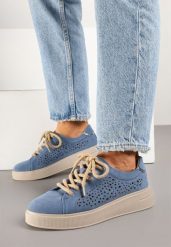 Niebieskie Skórzane Sneakersy Typu Tenisówki z Ażurową Cholewką Virival. Niebieskie trampki i tenisówki damskie Born2be, z aplikacjami, z jeansu, bez zapięcia. Za 169.99 zł.