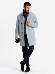 Płaszcz męski z wysokim kołnierzem i asymetrycznym zapięciem – szary melanż V1 OM-COWC-0120 - XXL. Szare płaszcze męskie Ombre Clothing, l, z aplikacjami, z materiału, eleganckie, z asymetrycznym kołnierzem, bez kaptura. Za 311.99 zł.
