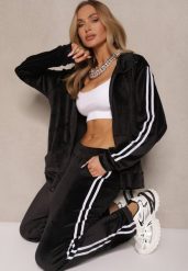 Czarny Komplet Dresowy Spodnie i Bluza Rozpinana Ozdobiona Paskami Mirwia. Czarne bluzy damskie Renee, xl, bez wzorów, z dresówki, eleganckie, bez ramiączek, bez kaptura. Za 69.99 zł.