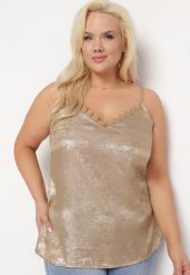 Beżowy Top z Metalicznym Wykończeniem i Koronką Neriuma. Brązowe topy damskie Born2be, l, bez wzorów, z koronki, eleganckie, bez kołnierzyka, bez ramiączek. Za 59.99 zł.