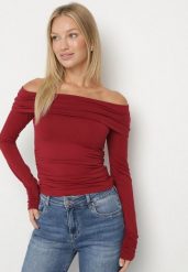 Bordowa Bluzka Hiszpanka Vices z Marszczeniem w Talii i przy Rękawach Temile. Czerwone bluzki damskie Born2be, l, bez wzorów, z jeansu, eleganckie, bez kołnierzyka, bez ramiączek. Za 69.99 zł.