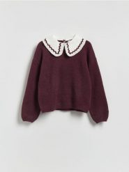 Sweter z domieszką wełny - ciemnofioletowy. Fioletowe swetry nierozpinane damskie Reserved, l, bez wzorów, z dzianiny, bez kołnierzyka, bez ramiączek. Za 139.99 zł.