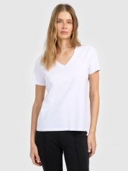 4F T-shirt regular gładki damski - biały L. Białe t-shirty damskie 4F, l, bez wzorów, z materiału, biznesowe, bez kołnierzyka, bez ramiączek. Za 49.99 zł.