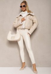 Białe Legginsy High Waist z Imitacji Skóry z Gumką w Pasie Ozdobione Guzikami Sinairis. Białe legginsy damskie Renee, bez wzorów, z jeansu. Za 44.99 zł.