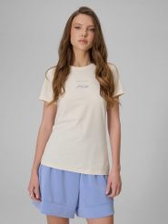 4F T-shirt slim z nadrukiem damski - beżowy XS. Brązowe t-shirty damskie 4F, l, bez wzorów, z jeansu, bez kołnierzyka, bez ramiączek. W wyprzedaży za 29.99 zł.