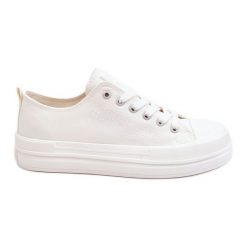 Niskie Sznurowane Tenisówki Big Star LL274968 Białe. Białe trampki i tenisówki damskie bez wzorów, z materiału, bez zapięcia. Za 221.62 zł.