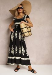 Czarna Wiskozowa Sukienka Boho z Falbankami i Gumką w Talii na Szerokich Ramiączkach Dreria. Czarne sukienki damskie Renee, na co dzień, l, w ażurowe wzory, z materiału, boho, bez kołnierzyka, bez ramiączek, maxi, proste. Za 84.99 zł.