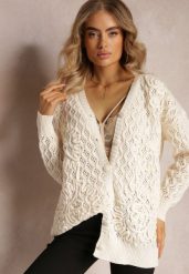 Jasnobeżowy Ażurowy Kardigan na Guziki Oreitha. Brązowe kardigany damskie Renee, na zimę, l, w ażurowe wzory, bez kołnierzyka. Za 189.99 zł.