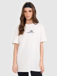 4F T-shirt oversize z nadrukiem damski - beżowy S. Brązowe t-shirty damskie 4F, s, bez wzorów, z dzianiny, bez kołnierzyka, bez ramiączek. Za 79.99 zł.