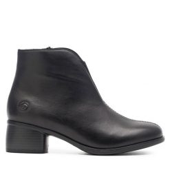 Botki Remonte. Czarne botki damskie Remonte, bez wzorów, bez obcasa, na słupku, bez zapięcia. Za 289.99 zł.