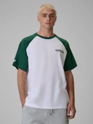 4F T-shirt loose z nadrukiem męski - zielony M. Zielone t-shirty męskie 4F, m, bez wzorów, z bawełny, bez kołnierzyka, bez ramiączek. Za 59.99 zł.