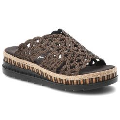 Klapki damskie Rieker, cholewka ze skóry ekologicznej ozdobne dżety fason na solidnej podeszwie, brązowe, V7992-24. Brązowe klapki damskie Rieker, bez wzorów, ze skóry ekologicznej, bez obcasa, bez zapięcia. Za 319.00 zł.