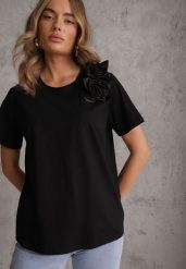Czarny Bawełniany T-shirt o Klasycznym Kroju z Kwiatowymi Aplikacjami 3D Morgane. Czarne t-shirty damskie Renee, l, z aplikacjami, z bawełny, biznesowe, bez kołnierzyka, bez ramiączek. Za 69.99 zł.
