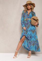Niebieska Koszulowa Sukienka Boho z Podpinanymi Rękawami z Bawełny Otersa. Niebieskie sukienki damskie Renee, l, bez wzorów, z bawełny, boho, bez kołnierzyka, bez ramiączek, maxi, koszulowe. Za 89.99 zł.