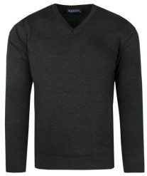 Elegancki Męski Sweter Polskiej Marki Rigon – V-neck (serek) - Grafitowy. Szare swetry męskie Rigon, l, bez wzorów, z bawełny, biznesowe, bez kołnierzyka, bez ramiączek. Za 145.00 zł.