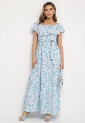Niebieska Sukienka Hiszpanka z Bawełną w Kwiaty Mreova. Niebieskie sukienki damskie Born2be, na co dzień, l, bez wzorów, z bawełny, eleganckie, bez kołnierzyka, bez ramiączek, maxi, proste. Za 59.99 zł.