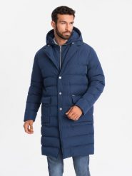 Długa pikowana kurtka męska z klapami i podpinką – ciemnoniebieska V1 OM-JALJ-0177 - XXL. Niebieskie kurtki męskie Ombre Clothing, m, bez wzorów, z materiału, eleganckie. W wyprzedaży za 199.99 zł.