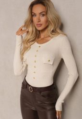 Jasnobeżowy Sweter z Bawełną z Prążkowanego Materiału Ozdobiony Kieszeniami i Guzikami Aprinevia. Brązowe swetry nierozpinane damskie Renee, bez wzorów, z bawełny, casualowe, bez kołnierzyka, bez ramiączek. Za 59.99 zł.
