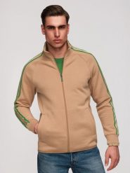 Bluza męska rozpinana z kontrastowymi lampasami i wysoką stójką – brązowa V1. Brązowe bluzy męskie Ombre Clothing, m, bez wzorów, z bawełny, sportowe, bez ramiączek, bez kaptura. W wyprzedaży za 146.99 zł.