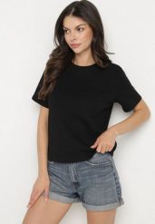 Czarny Bawełniany T-shirt z Grubszej Bawełny Tiariane. Czarne t-shirty damskie Born2be, m, bez wzorów, z bawełny, biznesowe, bez kołnierzyka, bez ramiączek. Za 49.99 zł.
