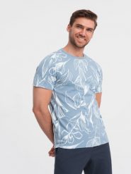 Męski t-shirt fullprint w kontrastowe liście - błękitny V2 OM-TSFP-0180 - L. Niebieskie t-shirty męskie Ombre Clothing, l, bez wzorów, z bawełny, bez kołnierzyka, bez ramiączek. W wyprzedaży za 39.99 zł.