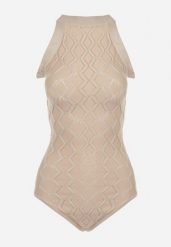 Beżowe Body z Wiskozy o Tłoczonej Fakturze Idolina. Brązowe body Born2be, bez wzorów, z jeansu. Za 119.99 zł.