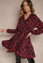 Bordowa Sukienka w Panterkowy Print o Rozkloszowanym Kroju z Wiązaniem w Talii Ameriana. Czerwone sukienki damskie Renee, na co dzień, na lato, m, bez wzorów, eleganckie, bez kołnierzyka, bez ramiączek, mini, kopertowe. Za 109.99 zł.