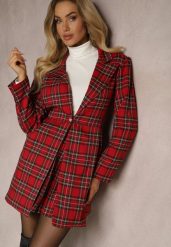 Czerwona Rozkloszowana Marynarka w Kartkę Zapinana na Ozdobny Guzik Delathria. Czerwone marynarki i żakiety damskie Renee, bez wzorów, eleganckie, bez kołnierzyka, bez ramiączek. Za 169.99 zł.