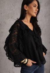 Czarna Koronkowa Bluzka z Falbankami Sewrana. Czarne bluzki damskie Renee, l, bez wzorów, z futra, eleganckie, bez kołnierzyka, bez ramiączek. Za 159.99 zł.