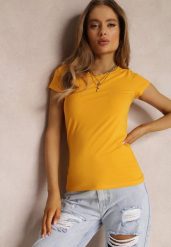 Żółty T-shirt Ariema. Żółte t-shirty damskie Renee, l, bez wzorów, z dzianiny, bez kołnierzyka, bez ramiączek. Za 24.99 zł.