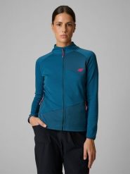 4F Bluza trekkingowa slim bez kaptura damska - turkusowa M. Niebieskie bluzy damskie 4F, na lato, l, bez wzorów, z materiału, wizytowe, bez ramiączek, bez kaptura. Za 199.99 zł.