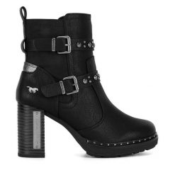 Botki Mustang. Czarne botki damskie Mustang, bez wzorów, bez obcasa, na słupku, bez zapięcia. Za 279.99 zł.