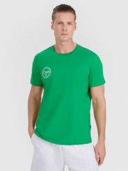 4F T-shirt regular z nadrukiem męski - zielony XL. Zielone koszulki sportowe męskie 4F, m, bez wzorów, z bawełny, bez ramiączek. Za 49.99 zł.