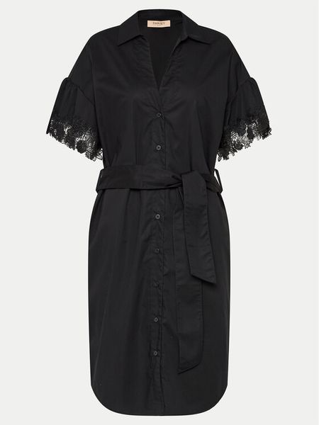 TWINSET Sukienka koszulowa 241TT2281 Czarny Regular Fit. Czarne sukienki damskie Twinset, bez wzorów, z bawełny, bez kołnierzyka, bez ramiączek, koszulowe. Za 559.99 zł.