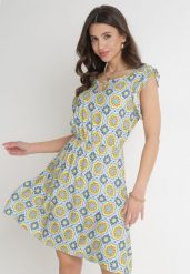 Niebiesko-Żółta Bawełniana Sukienka Mini z Gumką w Talii Caara. Niebieskie sukienki damskie Born2be, l, bez wzorów, z bawełny, bez kołnierzyka, bez ramiączek, mini. Za 34.99 zł.